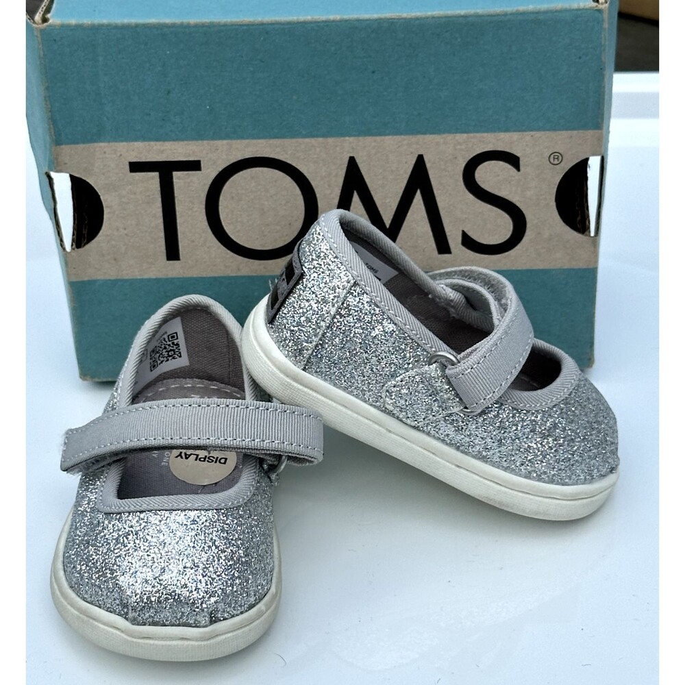 NEW TOMS Youth Toddler Silver Iridescent Slip On Canvas Shoes - Size 2